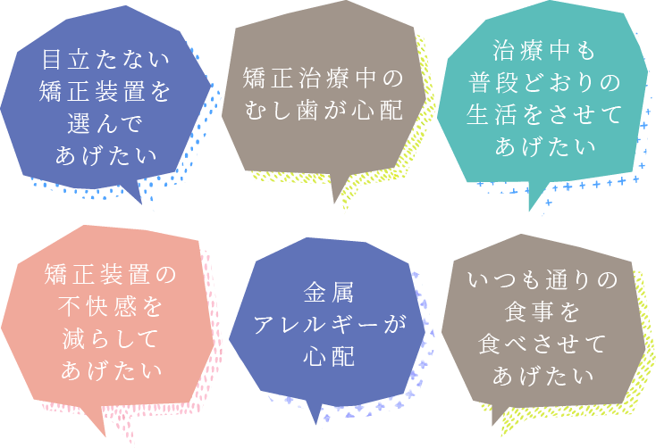 目立たない矯正装置を選んであげたい、矯正治療中のむし歯が心配、治療中も普段どおりの生活をさせてあげたい、矯正装置の不快感を減らしてあげたい、金属アレルギーが心配、いつも通りの食事を食べさせてあげたい