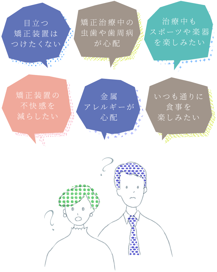 目立つ矯正装置はつけたくない、矯正治療中の虫歯や歯周病が心配、治療中もスポーツや楽器を楽しみたい、矯正装置の不快感を減らしたい、金属アレルギーが心配、いつも通りに食事を楽しみたい